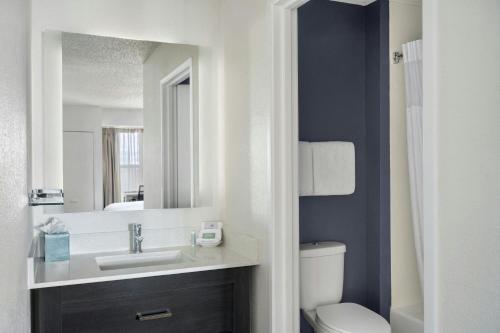 a bathroom with a sink and a toilet and a mirror at Residence Inn Merrillville in Merrillville