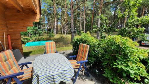 a table and chairs sitting on a patio at Ferienhaus Milan mit Ruderboot - 300 m vom Fleesensee in Silz