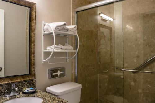 a bathroom with a shower and a toilet and a sink at Orange Tustin Inn in Orange in Orange