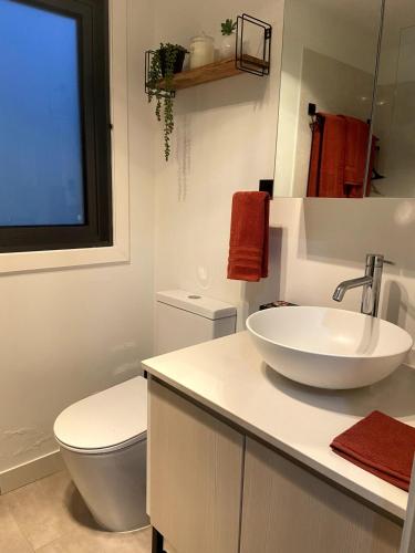 a bathroom with a sink and a toilet at Sunset Ridge - King Bed Cabin & Breakfast Basket in Boyland