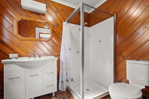 a bathroom with a shower and a sink and a toilet at Winterwood 9 Camira Ave in Jindabyne