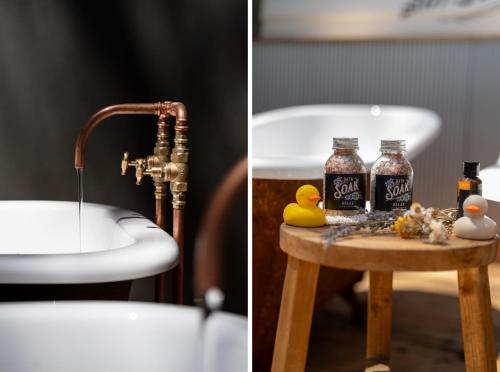 two pictures of a bathroom with a sink and a sink at The Duckling in Glenlyon