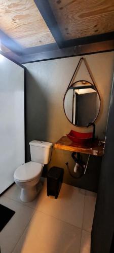 a bathroom with a toilet and a mirror at Chalé in Alfredo Wagner