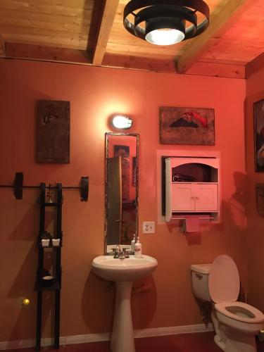 ein Badezimmer mit Waschbecken und Toilette in der Unterkunft MAGIC MOUNTAIN WAREHOUSE a 1920 RailroadWonderWarehouse in pristine High Desert with Trains in Jacumba