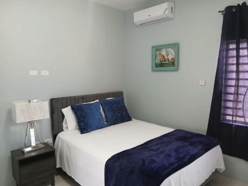 a bedroom with a bed with blue pillows at 31 Runaway Meadows in Belle Air Summit