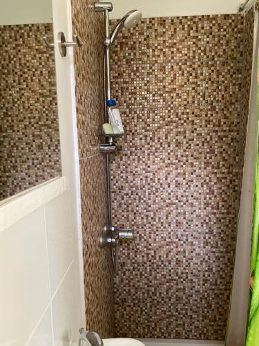 a shower in a bathroom with a brown tiled wall at Maison créole in Lamentin