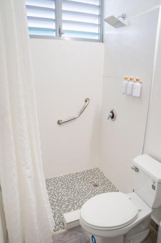 a white bathroom with a toilet and a shower at Villa Lua, Boqueron, Puerto Rico in Cabo Rojo