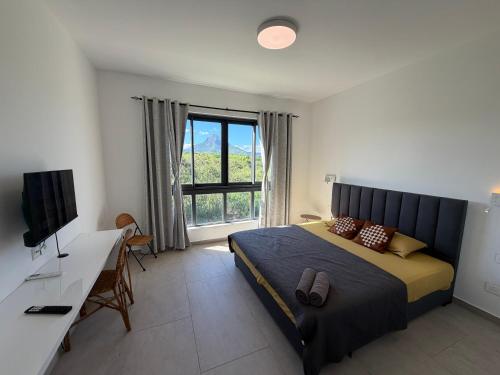 a bedroom with a bed and a desk and a window at J'Vais Residence in Flic-en-Flac
