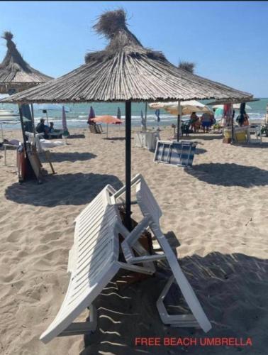 a beach with chairs and an umbrella on the sand at RV&TENT camping in Hamallë
