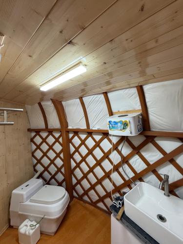 a bathroom with a toilet and a sink in a room at Maikhan Tolgoi lodge in Horgo