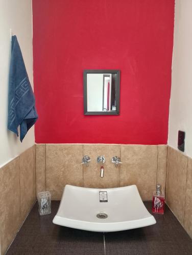 a bathroom with a white sink and a red wall at Casa en la Palpa in Huauchinango