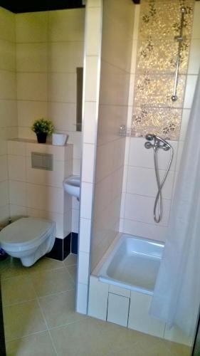 a bathroom with a shower and a toilet and a tub at Pokoje Gościnne z łazienkami przy Wrocławiu, darmowy parking in Długołęka