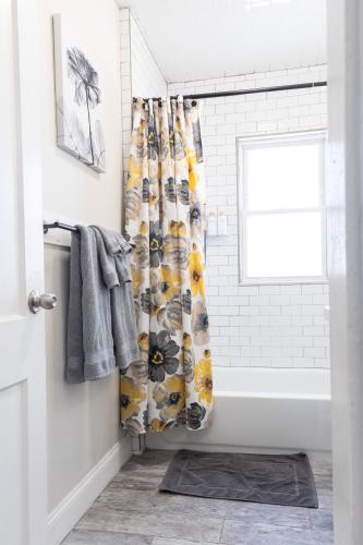 a bathroom with a shower curtain and a tub at Brighton 2 bedroom in Boston