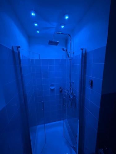 a bathroom with a glass shower with blue lights at Ferienglück Geyersberg in Freyung