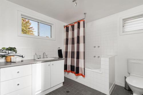 a bathroom with a toilet sink and a shower at Red Brick Beauty - Central Cottage in Albury