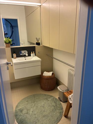 a small bathroom with a sink and a mirror at Appartement historisch centrum Antwerpen in Antwerp
