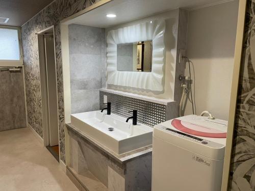 a bathroom with a sink and a mirror at ピンポンホテル Peace Park in Hiroshima