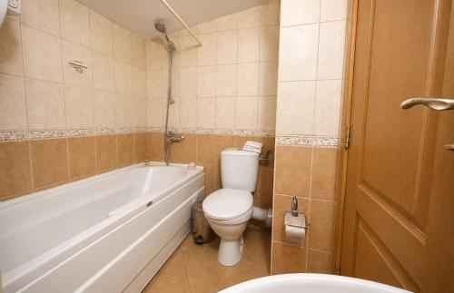 a bathroom with a toilet and a bath tub at Panoramic Cozy Apartment in Beli Iskar