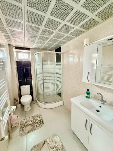 a bathroom with a shower and a toilet and a sink at Dr Aslan Apart Hotel in Esenboga