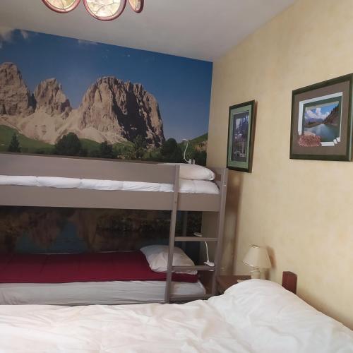a bedroom with two bunk beds and a mountain mural at STOP mon grand F2 face au parc des Écrins in Orcières