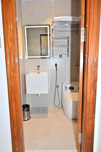 a bathroom with a sink and a toilet and a mirror at Selora Suites Serviced Apartments in Mysore