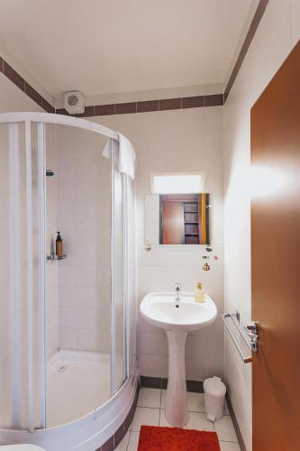 a white bathroom with a sink and a shower at Penzion U Libuše Luleč in Lultsch