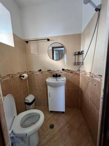 a bathroom with a toilet and a sink and a mirror at House Varna-4 in Krapets