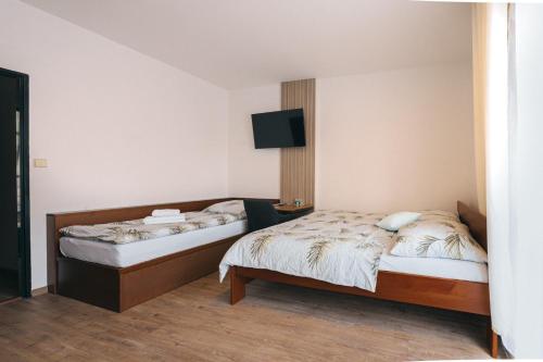 a bedroom with two beds and a tv on the wall at Penzion U Libuše Luleč in Lultsch