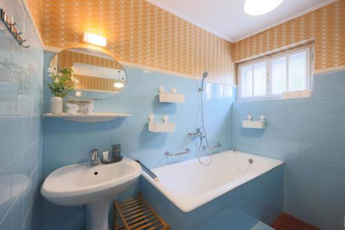 a blue bathroom with a sink and a bath tub at Cosy Vintage House Bled in Bled