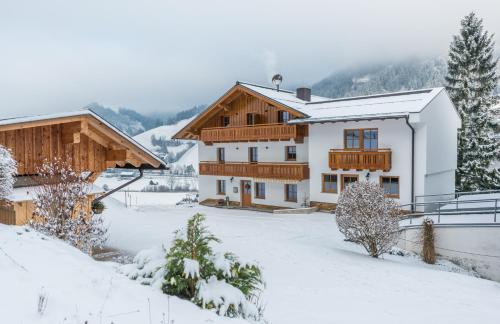 a house in a snow covered yard with trees at Apartments Frechhof in Schladming