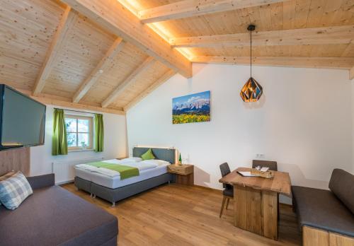 uma sala de estar com uma cama e uma televisão em Apartments Frechhof em Schladming