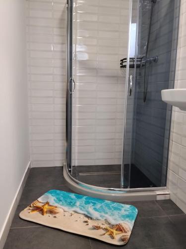 ein Badezimmer mit Dusche und einer Duschmatte auf dem Boden in der Unterkunft Studio Casa Katiușa in Jurilovca