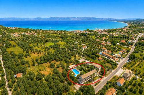an aerial view of a house with a red circle at Kosmas Apartments in Roda