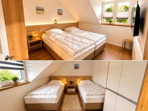 a bedroom with two beds and a window at Inselheimat Dranske in Dranske