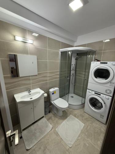 a bathroom with a toilet sink and a washing machine at Silver Residence Caracal in Caracal