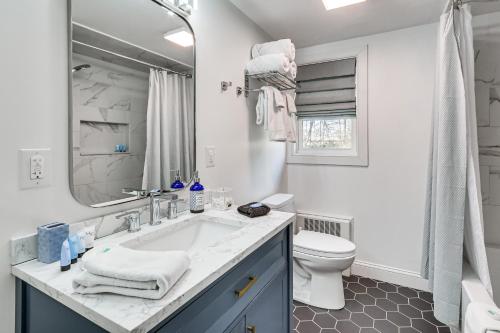 a white bathroom with a sink and a toilet at Charming Connecticut Hideaway: Year-Round Fun! in Middlefield