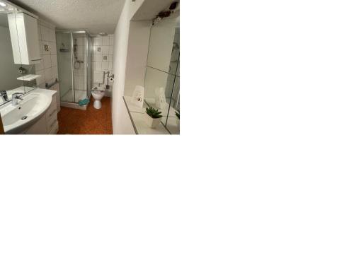 two pictures of a bathroom with a sink and a toilet at Tensings Bungalow in Vitte