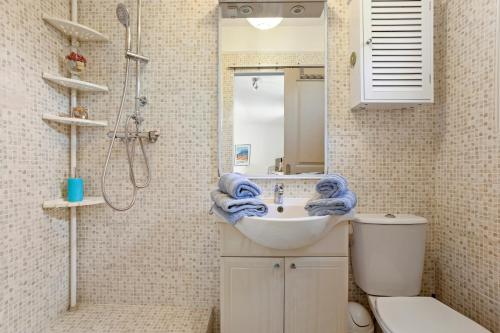 a bathroom with a sink and a shower and a toilet at Gite Chez Sophie in Roquebrune-sur-Argens