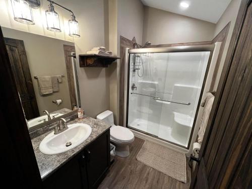 a bathroom with a shower and a sink and a toilet at Whispering Pines Cabin in Valemount