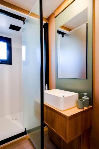 a bathroom with a white sink and a mirror at Chalet Prestige 56 in Rivières