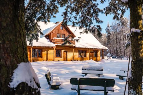 a log cabin in the snow with benches in front at Na Wysokiej Górce- Agroturystyka in Grabowiec