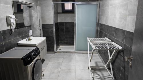 a bathroom with a washing machine and a sink at Spacious accommodation with city views in Haï Khemisti