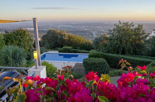 a garden with a swimming pool and pink flowers at Villa Vista by Algarve Holidays in Valados