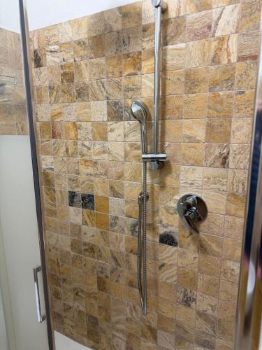 a shower in a bathroom with a tiled wall at Deiana affittacamere e pizzeria in Santu Lussurgiu