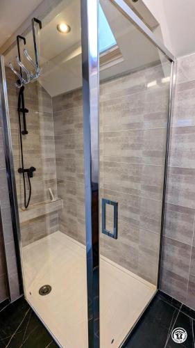 a shower with a glass door in a bathroom at Le Chalet de la Combe Sainte-Anne in Selongey