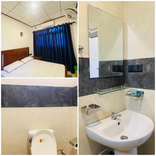 two pictures of a bathroom with a bed and a sink at Chami Leisure Home in Talpe