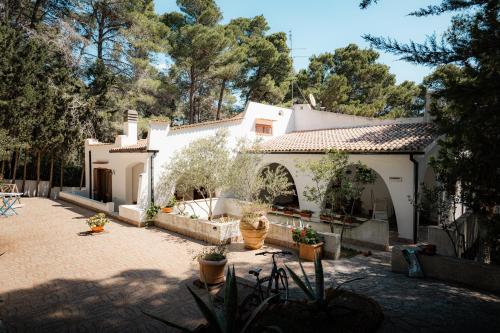 a white house with a courtyard with potted plants at Villa Elefante in Isole Tremiti