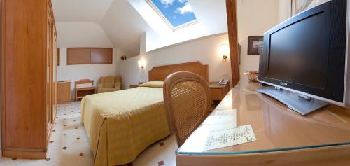 a bedroom with a bed and a television on a desk at Villa Angelina in Massa Lubrense