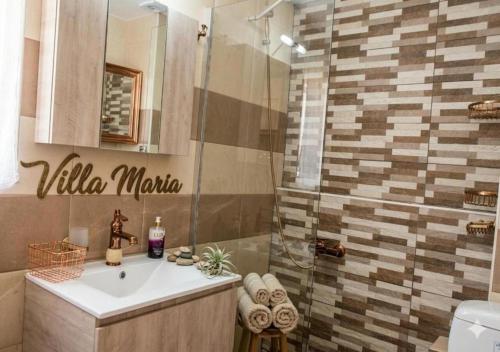 a bathroom with a sink and a glass shower at Villa Maria in Ierissos