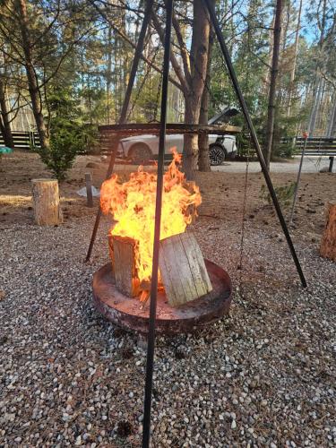 a fire pit in a park with a swing at Michal in Tleń